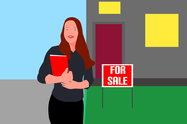 cartoon of a realtor in front of a house with for sale sign