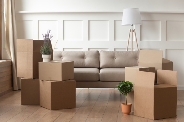 living room with stacked moving boxes