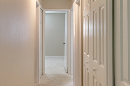 Hallway after completion is a light and bright. New white bi-fold doors lend a contemporary feel. 