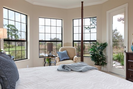 View of the preserve and lake through the bay windows in the master suite